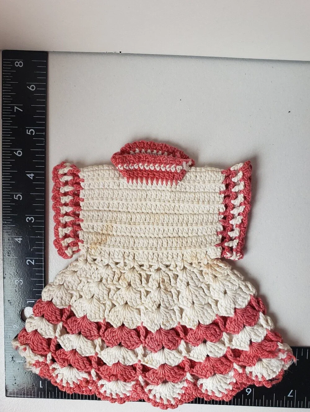 Vintage 1950's Handmade Crochet Pink and Cream Decorative Potholder Ovenmit